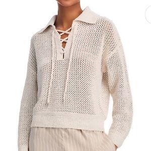 JOIE CREAM METALIC GLIMMER SEQUINS OPEN KNIT LACE UP SWEATER